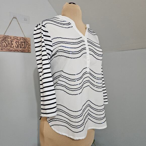 Chico's Sequin White Blue Striped Henley Pullover Top Medium Chico's 1 - Picture 3 of 11